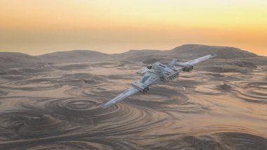 Uzay gemisi çorak bir yabancı çöl arazisinin üzerinde uçuyor. 3 Boyutlu resimleme.
