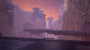 Dark moody futuristic sci-fi environment background. 3D render.