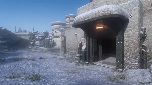 Bir bilim kurgu fantezi ileri karakol binasına giriş. 3 Boyutlu resimleme.