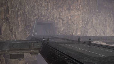 Dağın kenarındaki bir girişe giden metal köprüsü olan gelecekçi bilim kurgu ortamı. 3 Boyutlu resimleme.