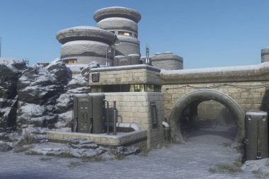 Donmuş bir arazide hayali bir bilim kurgu karakolu. 3 Boyutlu resimleme.