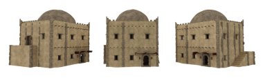 Çatısı büyük kubbeli Arap taş evi. Üç açılı 3D set.