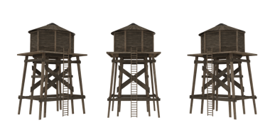 Eski ahşap su kulesi. Üç açıdan izole edilmiş üç boyutlu resimleme.