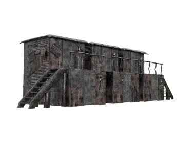 Hurda metal ve ahşap tabakalardan yapılmış iki katlı kıyamet sığınağı. İzole edilmiş üç boyutlu resimleme.