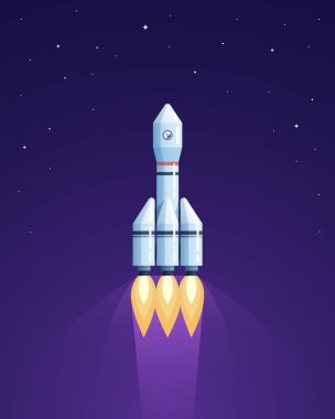 Uzay gemisi uzayda uçuyor. Kargo roketi alevlerle birlikte dikey pozisyonda. Vektör illüstrasyonu.