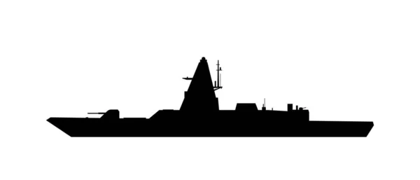 Die Schwarze Silhouette Des Kriegsschiffs Ist Auf Weißem Hintergrund Isoliert — Stockvektor