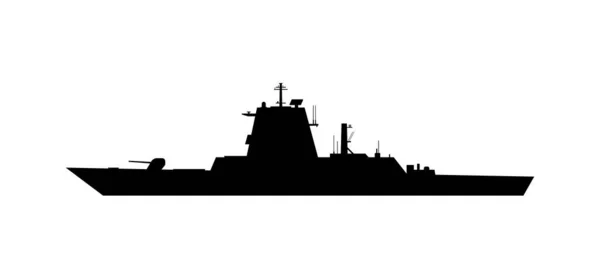 Die Schwarze Silhouette Des Kriegsschiffs Ist Auf Weißem Hintergrund Isoliert — Stockvektor