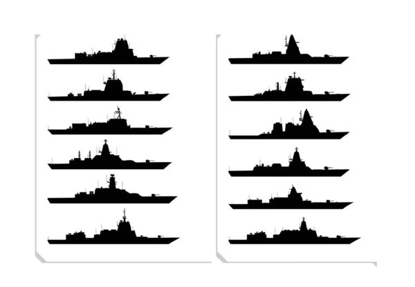 軍艦ブラックのシルエットセットはホワイトの背景に隔離されています 側面から見た海軍艦艇の黒い形 — ストックベクタ