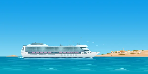 一艘白色的游轮在一个有着地中海风格古镇的岛屿附近的海面上漂浮着 在海上和海上旅行 矢量说明 — 图库矢量图片