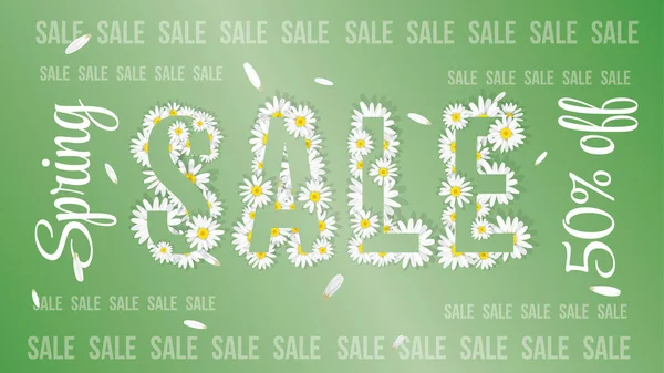 Frühlingsverkauf Banner Mit Weißen Gänseblümchen Auf Einem Grünen Floralen Hintergrund — Stockvektor