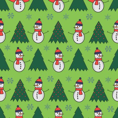 Sevimli kardan adam kusursuz desen. Sevimli çizgi film karakteri. Kardan adam, yumurta sarısı ve düşen kar. Beyaz arka plan..