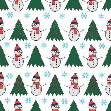 Sevimli kardan adam kusursuz desen. Sevimli çizgi film karakteri. Kardan adam, sarısı ve düşen kar..