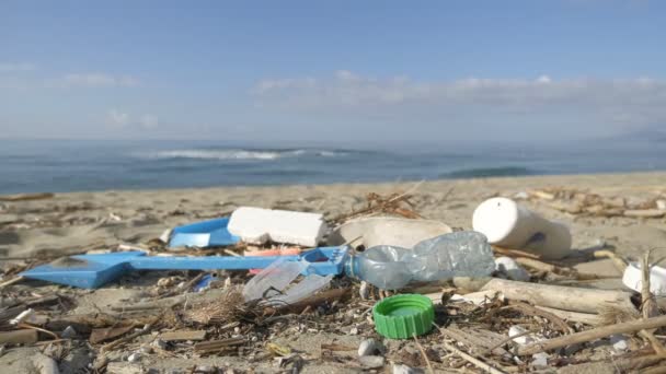 Plastic Debris Waste Pollution Trashed Sea Coast Ecosystem Environment Nature — Stock Video