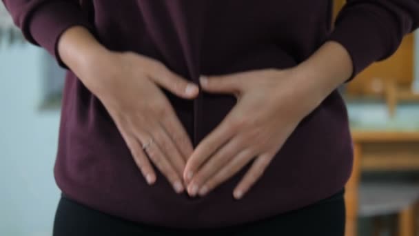 Woman Suffering Stomach Pain While Touch Her Belly Health Care — Stock Video