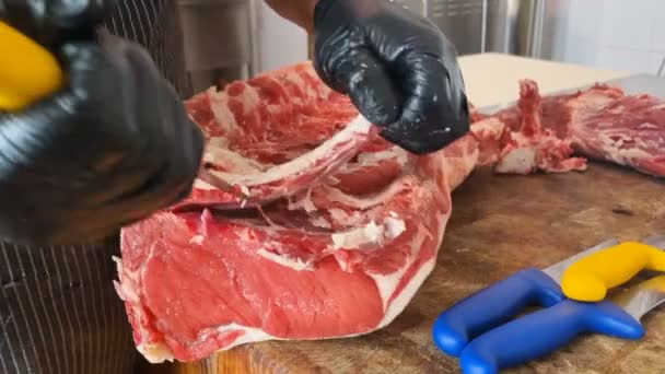 安全手袋を使用してデボンスマッシング牛ステーキ肉に肉屋の男の仕事 食品マニキュア職業 — ストック動画