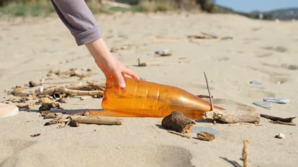 小女孩从肮脏的海洋生态系统 环境污染中捡起塑料瓶 — 图库视频影像