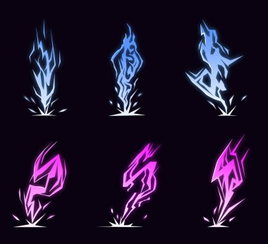 Lightning animation set with sparks. Cartoon lightning effect. Thunderbolt strike comic sprite asses for 2D game . Purple color splash animation for game, cartoon, motion or something else.