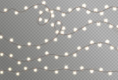 Noel ışıkları gerçekçi tasarım unsurlarını izole etti. Noel çelengi. Xmas gerçekçi ışıklandırma kartı. Tatil dekorasyonları parlak lambalar.