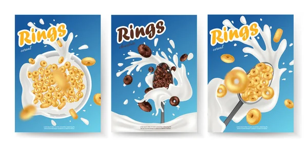 Πρωινά Δημητριακά Ρεαλιστική Αφίσα Σετ Δαχτυλίδια Απομονώνονται Έννοια Του Υγιούς — Διανυσματικό Αρχείο