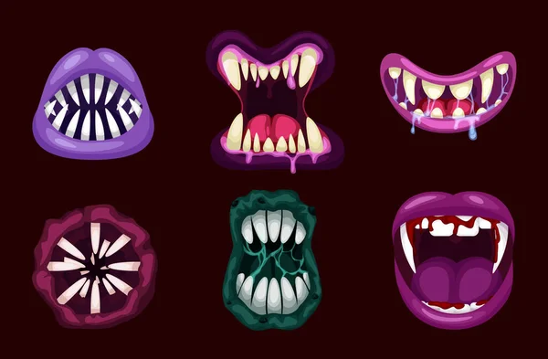 stock vector Monsters mouths. Halloween scary monster teeth and tongue in mouth. Scary lips teeth and tongue monsters. Monstrous mouths, emotions