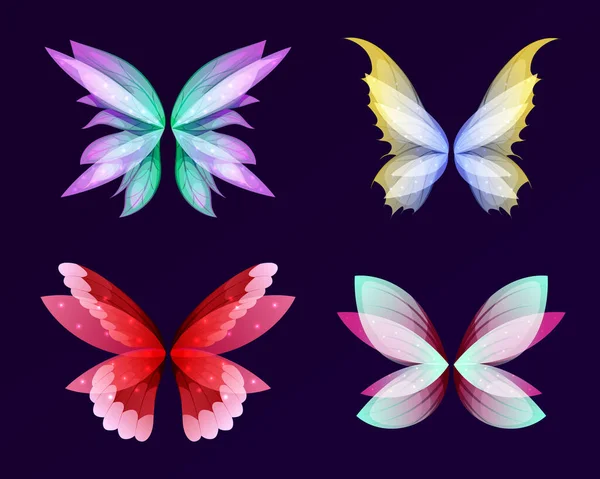 仙女之翼 龙之翼 蝴蝶之翼 矢量漫画一组翅膀对魔法和幻想人物和动物隔离在白色背景下 — 图库矢量图片