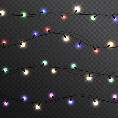 Noel ışıkları gerçekçi tasarım unsurlarını izole etti. Noel çelengi. Xmas gerçekçi ışıklandırma kartı. Tatil dekorasyonları parlak lambalar.