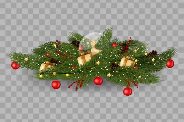 Noel süsü. Tasarımınız için Noel dekorları ayarlandı. Şeffaf bir arka planda tatil çelengi. Vektör Noel ağacı dalları, ışıklar ve koniler.