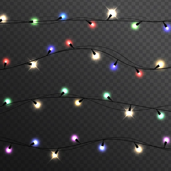 Luces Navideñas Aisladas Elementos Diseño Realistas Guirnalda Navidad Tarjeta Luces — Vector de stock
