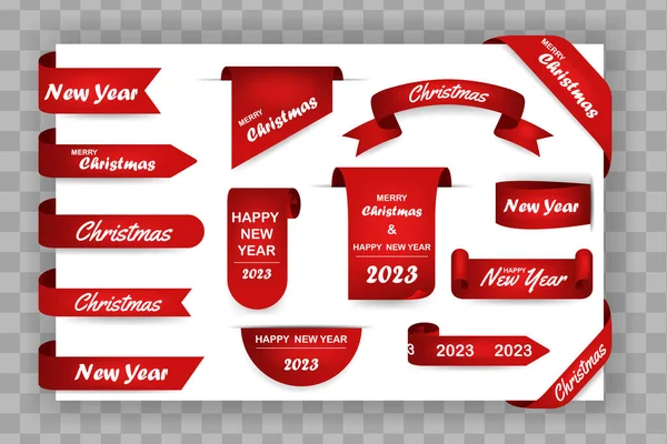 Set Red Christmas Banners Ribbons Sticker Scroll Red Merry Christmas — Stock Vector