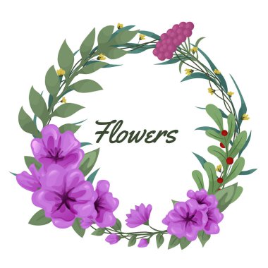 Yabani çiçeklerin çelengi. Yeşil dalları ve yaprakları olan şirin bir çelenk, ranunculus. Çerçevenin etrafında yabani otlar