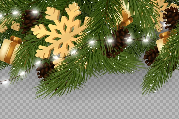 Bordure Noël Avec Branches Sapin Cônes Pin Lumières Vecteur Branches — Image vectorielle