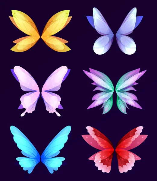 神奇的生物翅膀设置 仙女座的不同翅膀 矢量漫画一组翅膀对魔法和幻想人物和动物隔离在白色背景下 — 图库矢量图片