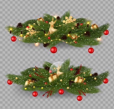 Noel süsleri, Noel çelenkleri, noktalı çiçekler, kırmızı böğürtlenler, koniler ve Noel çanları..