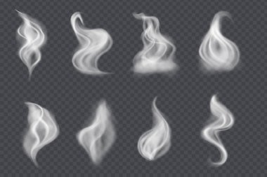 Duman vektör koleksiyonu, şeffaf arkaplanda izole edilmiş. Gerçekçi beyaz duman buharı seti, kahve, çay, sigara, sıcak yemek dalgaları. Sis ve sis etkisi.