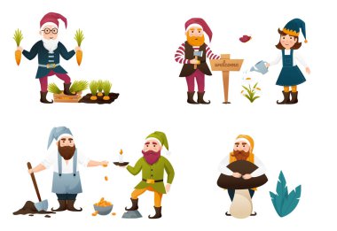 Cüce seti. Bahçıvanlık çok şirin. Bir grup sevimli peri masalı karakteri. Bir demet çim süsü ya da süs. Düz çizgi film vektör çizimi.