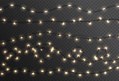 Noel ışıkları gerçekçi tasarım unsurlarını izole etti. Noel çelengi. Işıltılı sarı ampuller. Xmas, yeni yıl, düğün veya doğum günü dekorasyonu.