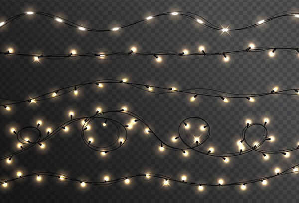 Christmas lights isolated realistic design elements. Christmas garland. Glowing yellow light bulbs with sparkles. Xmas, New Year, wedding or Birthday decor.