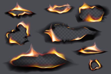 Burning holes, fire flames. Realistic burnt paper. Burned paper realistic fire flame isolated page sheet torn ash vector illustration clipart