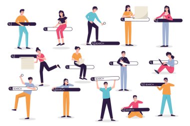 Barları ve internette gezinen insanları ara, internette sörf yap. Kişiselleştirilmiş arama sonuçları, SEO optimizasyonu ve bulucu karakter vektörü belirlenmiş arama çubuğu