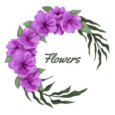 Yabani çiçeklerin çelengi. Yeşil dalları ve yaprakları olan şirin bir çelenk, ranunculus. Çerçevenin etrafında yabani otlar