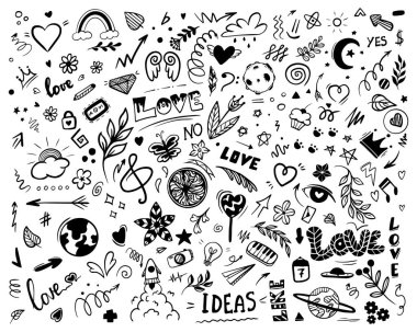 Doodle Tasarım Elementleri Vektörü seti. Bir dizi yaratıcılık karalaması