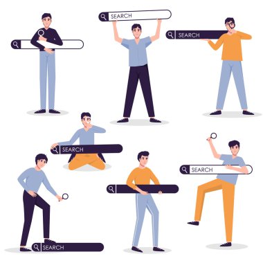 Barları ve internette gezinen insanları ara, internette sörf yap. Kişiselleştirilmiş arama sonuçları, SEO optimizasyonu ve bulucu karakter vektörü belirlenmiş arama çubuğu