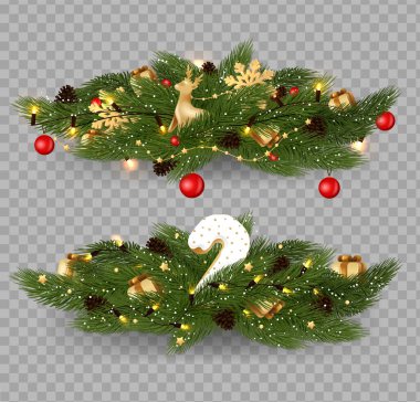 Noel süsleri, Noel çelenkleri, noktalı çiçekler, kırmızı böğürtlenler, koniler ve Noel çanları..