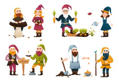 Dört bahçe cücesi ya da cüce seti. Koleksiyoncu sevimli bahçe cüceleri arkadaş canlısı peri kuyruklu karakter bahçıvanı.