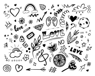 Doodle Tasarım Elementleri Vektörü seti. Bir dizi yaratıcılık karalaması