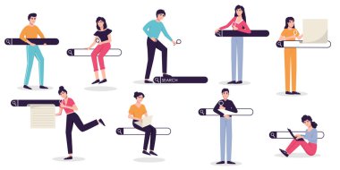 Barları ve internette gezinen insanları ara, internette sörf yap. Kişiselleştirilmiş arama sonuçları, SEO optimizasyonu ve bulucu karakter vektörü belirlenmiş arama çubuğu