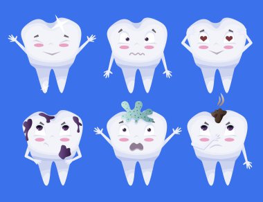 Çizgi film tarzında dizilmiş sevimli diş karakterleri. Etiket tasarımı için farklı duygulara sahip dişler. Vektör illüstrasyonu EPS10