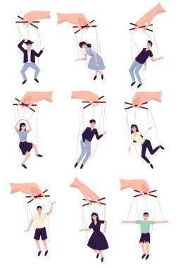 Bir grup insan iplere tutunuyor. Kuklacı ve kuklalar. Ana, egemenlik veya otorite tarafından kontrol edilen karakterler doğrusal düz vektör çizimi