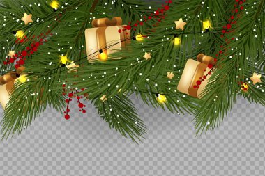 Christmas border with fir branches, pine cones, gift box, berries and lights. Red holly berry on pine tree branches. For celebration banners, headers, posters.