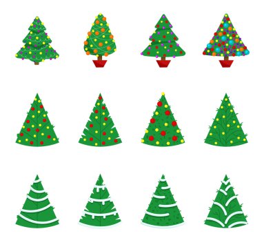 Noel ağaçları. Yazılı materyaller için kullanılabilir - broşürler, posterler, kartvizitler veya internet için. Yılbaşı ve Noel için renkli kış ağaçları koleksiyonu. Vektör illüstrasyonu.